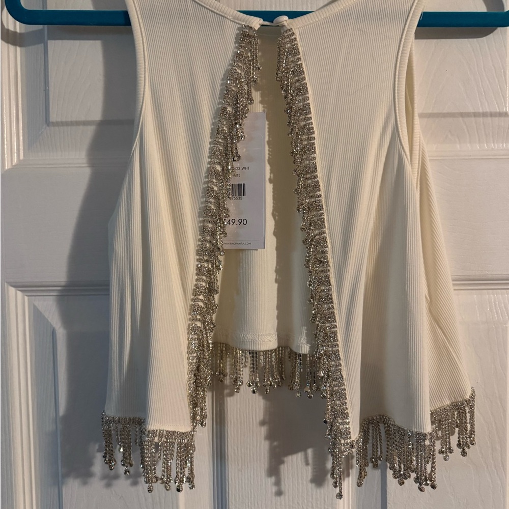 AKIRA White Crop Top with Silver Fringe